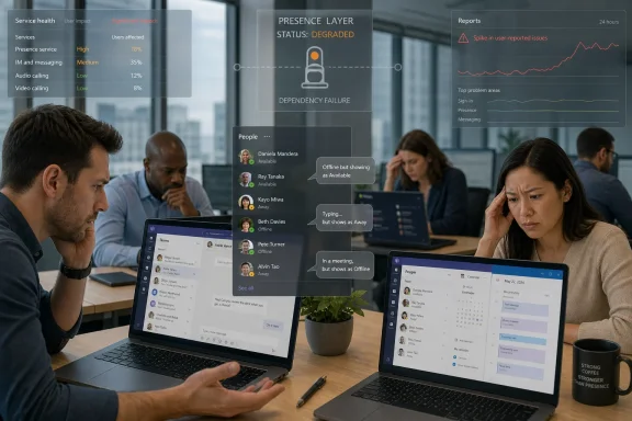 Office meeting with a monitoring overlay showing presence service degraded due to dependency failure. Office meeting with a monitoring overlay showing presence service degraded due to dependency failure.