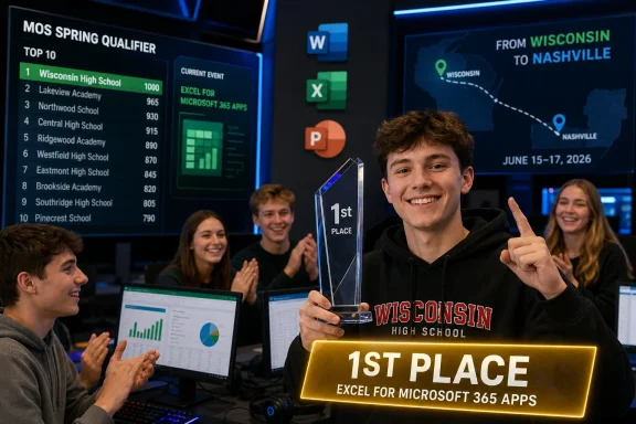 Smiling student holds an “1st Place” trophy at a MOS Spring qualifier, celebrating Wisconsin’s win. Smiling student holds an “1st Place” trophy at a MOS Spring qualifier, celebrating Wisconsin’s win.