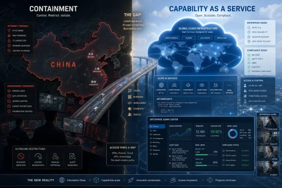 A futuristic dashboard shows China network containment and cloud capability-as-a-service with compliance controls worldwide.