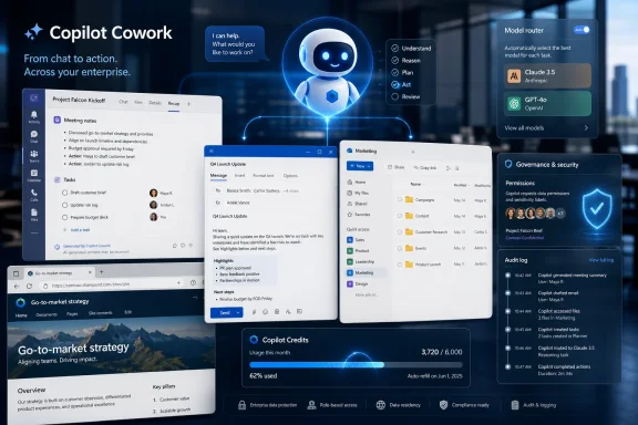 Microsoft Copilot Cowork dashboard with an AI assistant, model router, and governance/security panels in a business setting. Microsoft Copilot Cowork dashboard with an AI assistant, model router, and governance/security panels in a business setting.