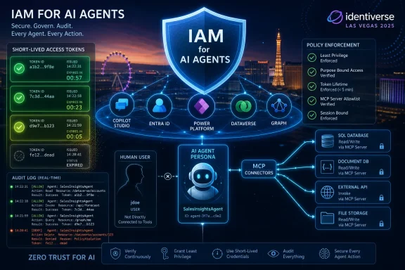 Secure AI agents dashboard with an “IAM for AI Agents” shield, token details, and policy enforcement at a Las Vegas 2025 theme. Secure AI agents dashboard with an “IAM for AI Agents” shield, token details, and policy enforcement at a Las Vegas 2025 theme.