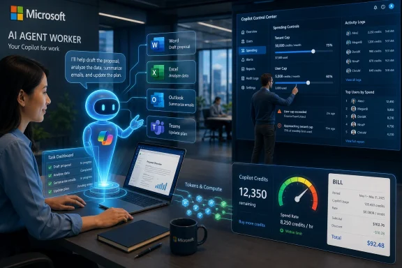 Microsoft Copilot AI agent worker dashboard with charts and spending controls in an office setting. Microsoft Copilot AI agent worker dashboard with charts and spending controls in an office setting.