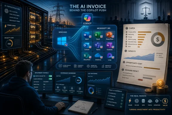 A man monitors an AI-powered Microsoft Copilot dashboard and financial invoice screens in a server room.