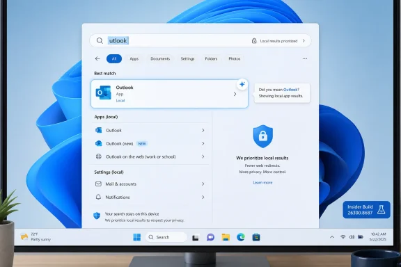 Windows search results show “Outlook” prioritized for local apps, on a PC monitor with blue background. Windows search results show “Outlook” prioritized for local apps, on a PC monitor with blue background.