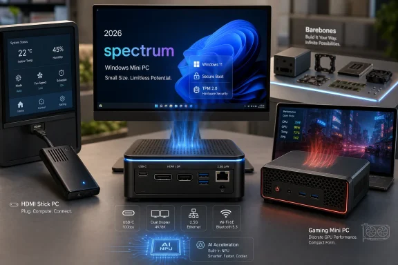 Promotional scene of compact mini PCs showing Windows 11 “Spectrum 2026” interface and gaming setup. Promotional scene of compact mini PCs showing Windows 11 “Spectrum 2026” interface and gaming setup.