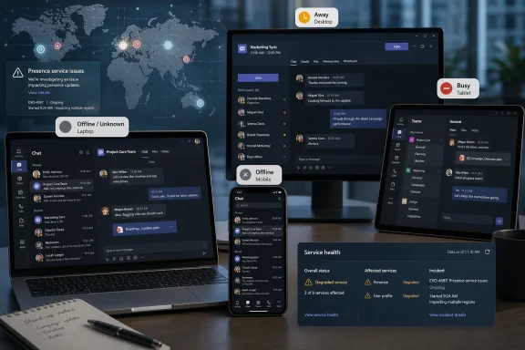 Team chat and service health dashboards on multiple devices show “Presence service issues” status. Team chat and service health dashboards on multiple devices show “Presence service issues” status.