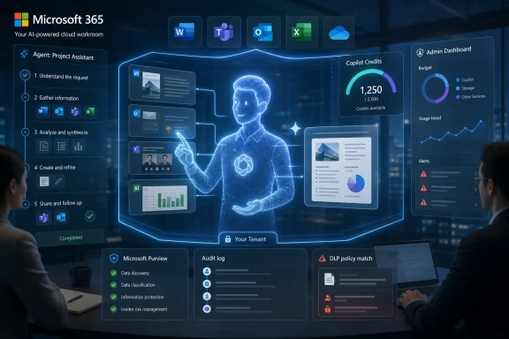 Microsoft 365 dashboard graphic shows an AI agent working with Office apps, credits, and admin analytics. Microsoft 365 dashboard graphic shows an AI agent working with Office apps, credits, and admin analytics.