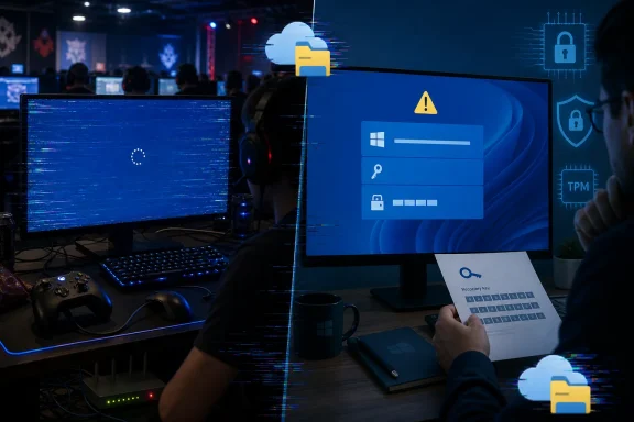 A cybersecurity-themed workstation shows cloud folder login warnings on screens during a conference setup. A cybersecurity-themed workstation shows cloud folder login warnings on screens during a conference setup.