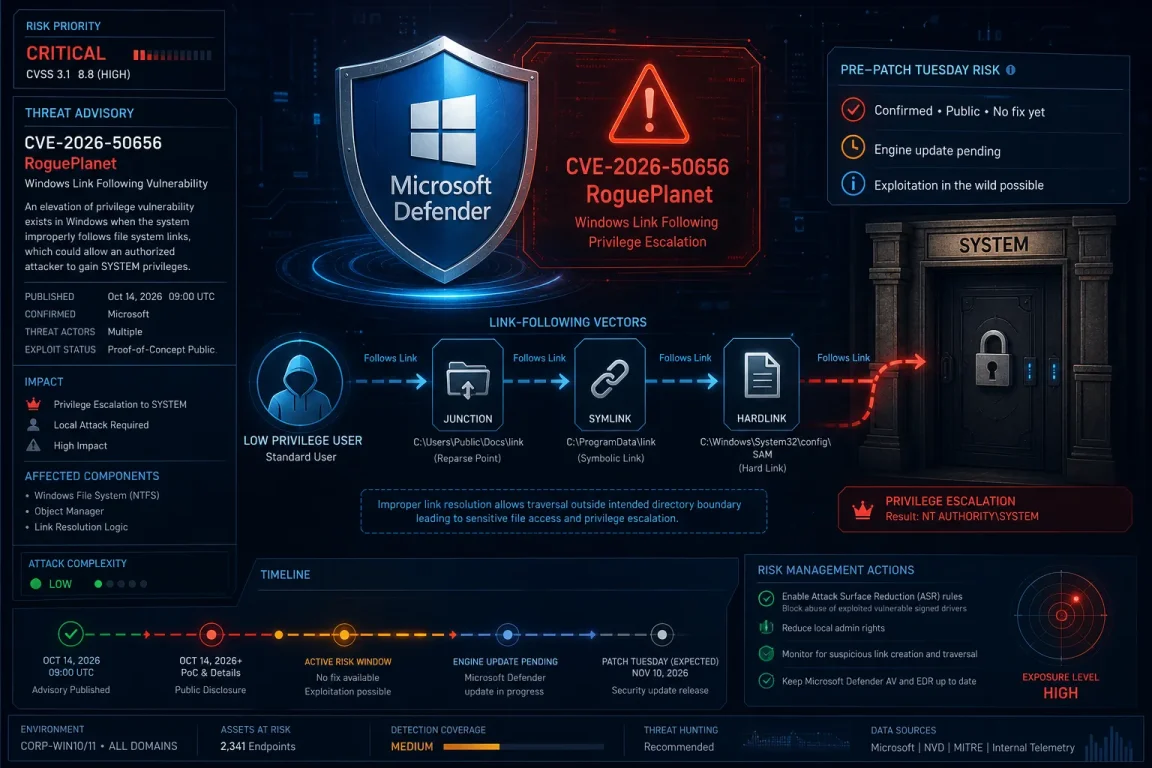 CVE-2026-50656 RoguePlanet: Defender EoP—What to Do Before Fix