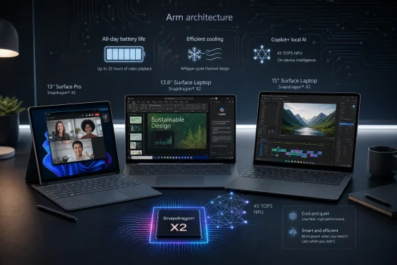 Promotional graphic showing two Surface laptops with “Arm architecture” features and Snapdragon X2 branding.