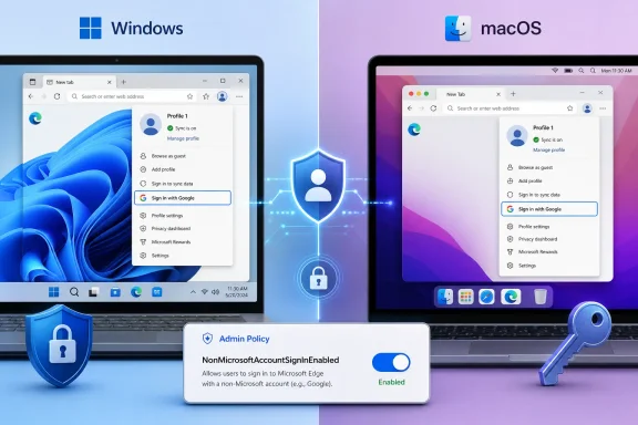 Windows and macOS laptops display an admin policy enabling non‑Microsoft account sign-in for Microsoft Edge. Windows and macOS laptops display an admin policy enabling non‑Microsoft account sign-in for Microsoft Edge.