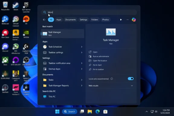 Windows search results showing “Task Manager” open on a desktop with app icons visible. Windows search results showing “Task Manager” open on a desktop with app icons visible.