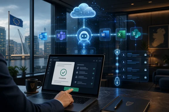 Man works on a laptop with cloud security and document workflow icons displayed over a city office. Man works on a laptop with cloud security and document workflow icons displayed over a city office.