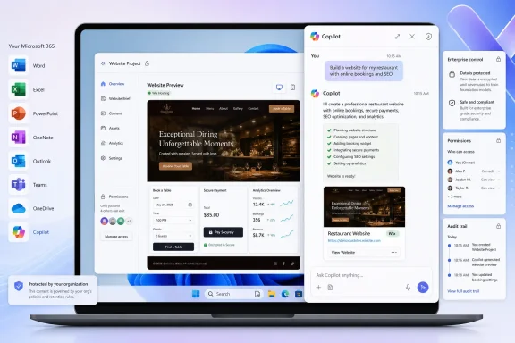 A laptop displays Microsoft 365 and Copilot screens for creating a restaurant website with bookings and analytics. A laptop displays Microsoft 365 and Copilot screens for creating a restaurant website with bookings and analytics.