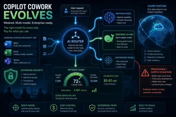 Infographic showing Copilot Work “evolves” with AI routing, model options, metered usage, and enterprise Azure hosting. Infographic showing Copilot Work “evolves” with AI routing, model options, metered usage, and enterprise Azure hosting.