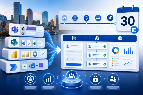 Futuristic digital workflow and analytics interface with icons and a “30” calendar badge over a city skyline. Futuristic digital workflow and analytics interface with icons and a “30” calendar badge over a city skyline.