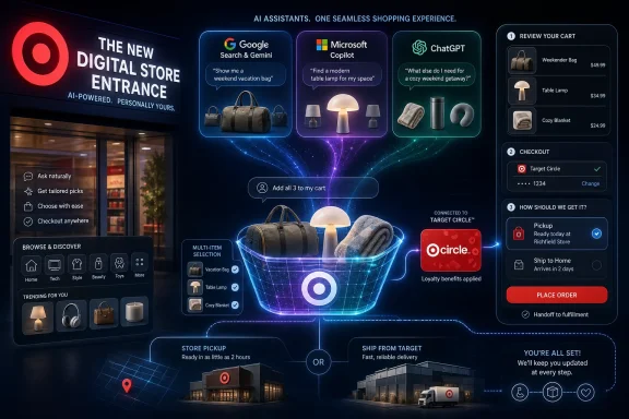 AI-powered digital Target store entrance with virtual shopping assistant, product cart, and checkout panels. AI-powered digital Target store entrance with virtual shopping assistant, product cart, and checkout panels.