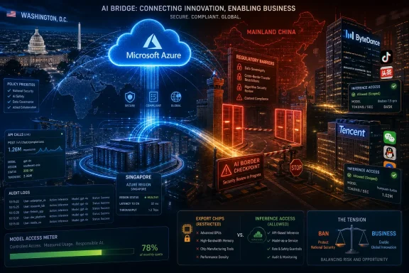 A futuristic data-security infographic showing Microsoft Azure AI links across global regions with China barriers and blocks.