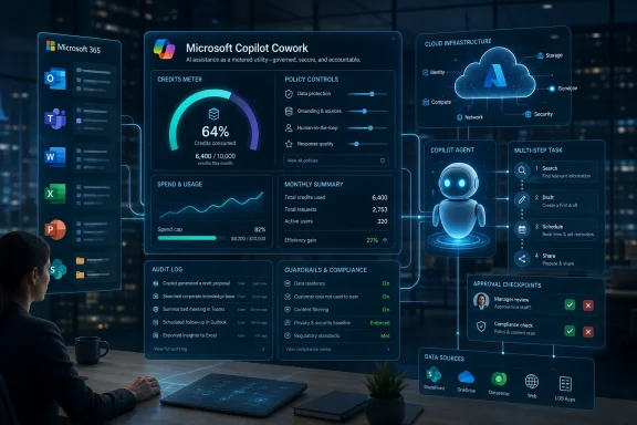 Person viewing a holographic Microsoft Copilot dashboard with AI governance, credits, and compliance analytics.