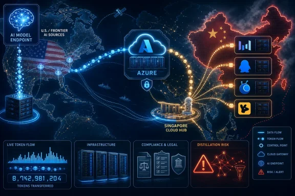 Global AI cloud network diagram linking token flows and endpoints across the US, Singapore, and China. Global AI cloud network diagram linking token flows and endpoints across the US, Singapore, and China.