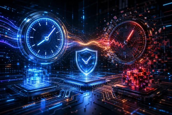 Futuristic dual cyber clocks and shield icons with glowing blue-red data circuits and sparks.