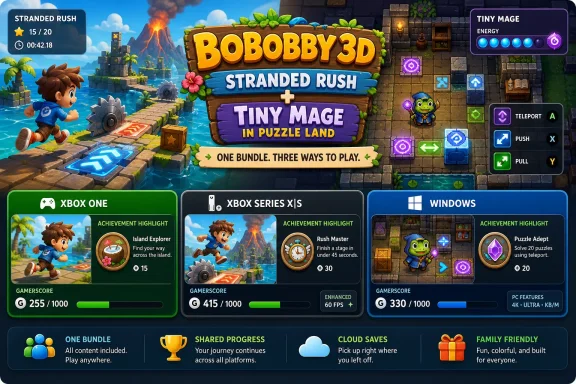 Gaming promo screen for “BOB OBBY 3D: Stranded Rush” featuring the Tiny Mage puzzle level and platform achievements. Gaming promo screen for “BOB OBBY 3D: Stranded Rush” featuring the Tiny Mage puzzle level and platform achievements.