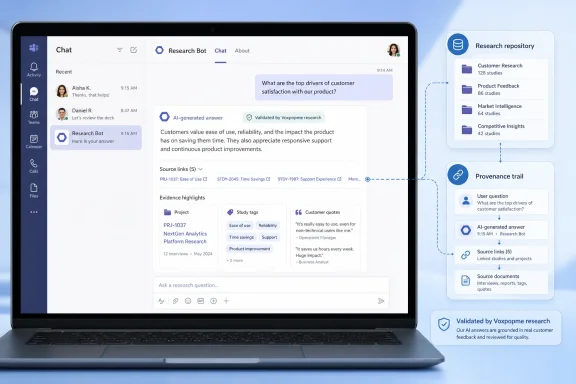 A laptop screen shows a chat-based research bot with study summaries and a provenance trail diagram. A laptop screen shows a chat-based research bot with study summaries and a provenance trail diagram.