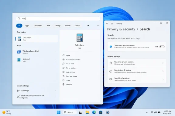 Windows 11 search privacy settings screen showing “Search” options next to a “Calculator” result. Windows 11 search privacy settings screen showing “Search” options next to a “Calculator” result.