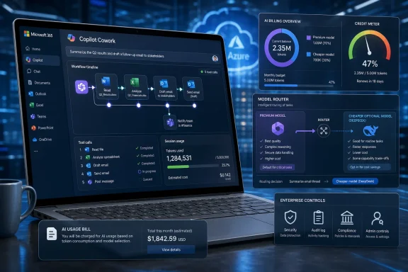 A laptop displays an AI Copilot billing dashboard with token usage and routing model analytics on a blue tech background. A laptop displays an AI Copilot billing dashboard with token usage and routing model analytics on a blue tech background.