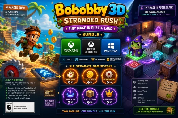 A game bundle promo showing “Bobbobby 3D Stranded Rush” and “Tiny Mage in Puzzle Land” with platform icons. A game bundle promo showing “Bobbobby 3D Stranded Rush” and “Tiny Mage in Puzzle Land” with platform icons.