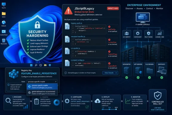 Windows security dashboard showing “JScript9Legacy” broken script state with security hardening controls and IT consoles.