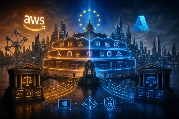 AWS and cloud-security icons overlay a futuristic city skyline with EU stars and data/lock graphics.
