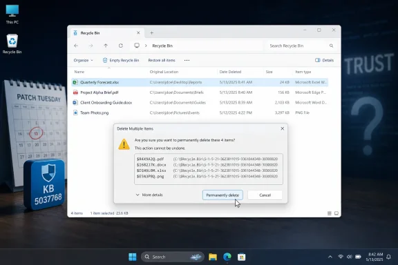 Windows Recycle Bin showing a confirmation dialog to permanently delete selected files. Windows Recycle Bin showing a confirmation dialog to permanently delete selected files.