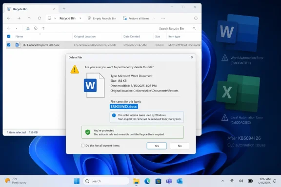 Windows Recycle Bin showing a prompt to permanently delete a Microsoft Word document file. Windows Recycle Bin showing a prompt to permanently delete a Microsoft Word document file.