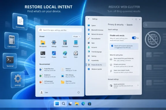 Windows Search settings graphic shows restoring local intent and disabling web results to reduce clutter. Windows Search settings graphic shows restoring local intent and disabling web results to reduce clutter.