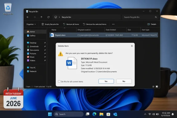 Windows Recycle Bin showing a delete confirmation dialog for a Word document, dated June 2026. Windows Recycle Bin showing a delete confirmation dialog for a Word document, dated June 2026.
