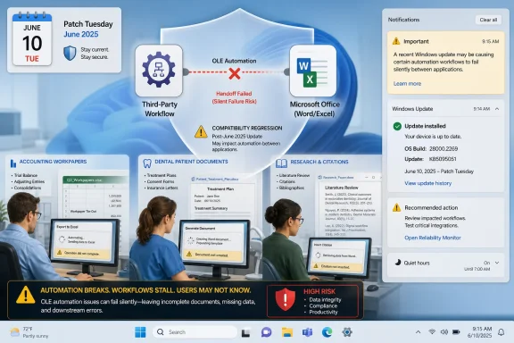 Patch Tuesday notice shows a broken OLE automation workflow linking Word/Excel, risking silent failures. Patch Tuesday notice shows a broken OLE automation workflow linking Word/Excel, risking silent failures.