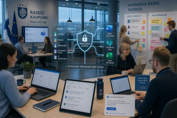 Office meeting with a digital security/permissions diagram overlaying laptops and staff, referencing Microsoft 365 apps. Office meeting with a digital security/permissions diagram overlaying laptops and staff, referencing Microsoft 365 apps.