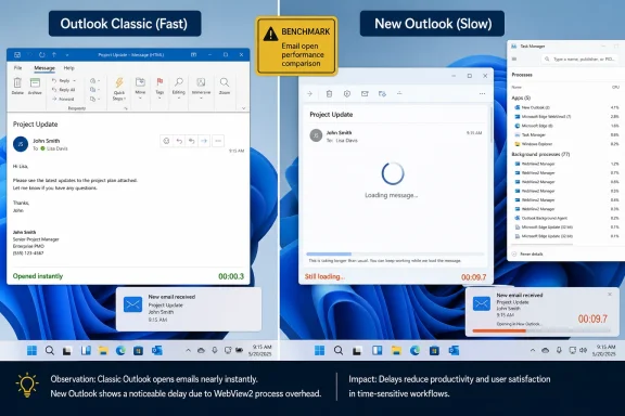 Side-by-side comparison showing Outlook Classic opening an email instantly while New Outlook remains loading slowly. Side-by-side comparison showing Outlook Classic opening an email instantly while New Outlook remains loading slowly.
