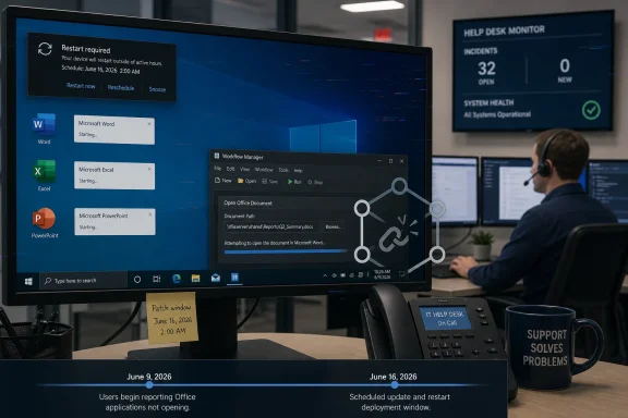 IT help desk worker monitors PC screens showing Office apps starting and a scheduled restart patch window. IT help desk worker monitors PC screens showing Office apps starting and a scheduled restart patch window.