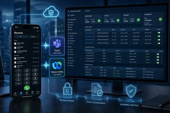 Modern telecom dashboard on screens with eSIM profiles, secure policy icons, and a smartphone call interface. Modern telecom dashboard on screens with eSIM profiles, secure policy icons, and a smartphone call interface.