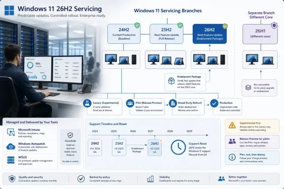 Infographic showing Windows 11 servicing rings and update timelines for 26H2/26H1 rollout. Infographic showing Windows 11 servicing rings and update timelines for 26H2/26H1 rollout.