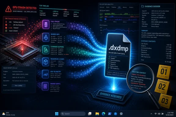 GPU crash diagnostics dashboard shows a detected hang and captured DirectX GPU crash dump evidence. GPU crash diagnostics dashboard shows a detected hang and captured DirectX GPU crash dump evidence.