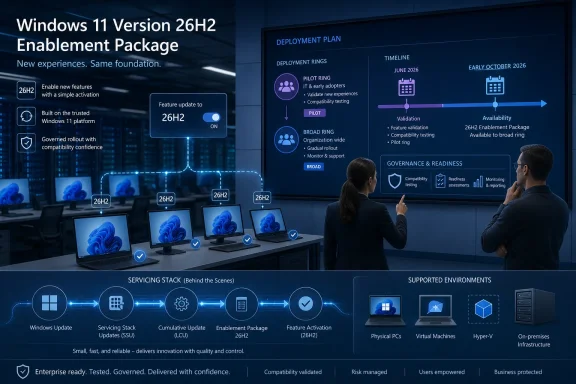 Team at desks reviews a Windows 11 “Version 26H2 Enablement Package” rollout timeline on a large display. Team at desks reviews a Windows 11 “Version 26H2 Enablement Package” rollout timeline on a large display.