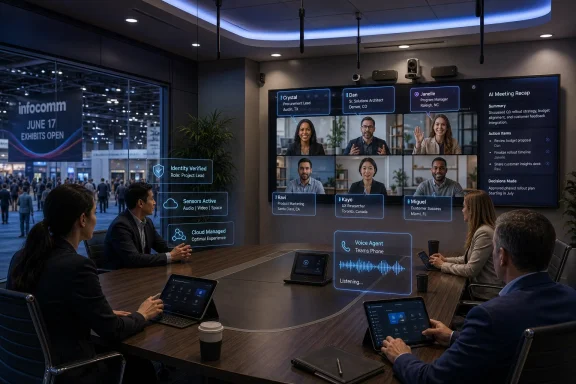 Business team meeting with AI interface screens displaying meeting recap and voice agent in a conference room. Business team meeting with AI interface screens displaying meeting recap and voice agent in a conference room.