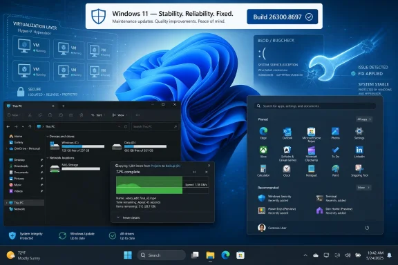 Windows 11 stability update graphic showing system fixed after an issue detected. Windows 11 stability update graphic showing system fixed after an issue detected.