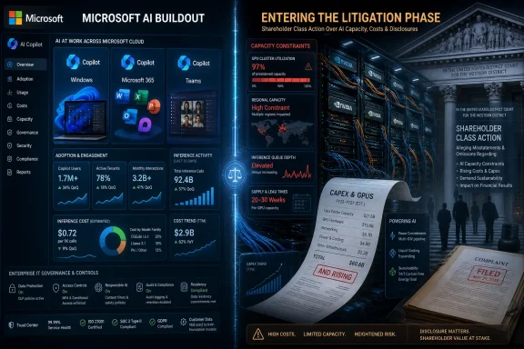 A Microsoft AI Buildout infographic overlays a server room, highlighting litigation risks and GPU capacity constraints. A Microsoft AI Buildout infographic overlays a server room, highlighting litigation risks and GPU capacity constraints.
