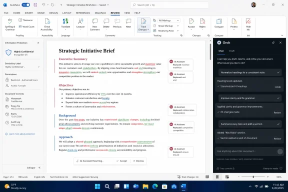 Microsoft Word document “Strategic Initiative Brief” open with tracked changes and AI chat suggestions on the right. Microsoft Word document “Strategic Initiative Brief” open with tracked changes and AI chat suggestions on the right.