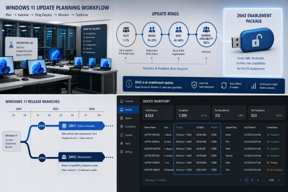 Infographic showing Windows 11 update rings planning and 26H2 enablement rollout in a validation lab setting.