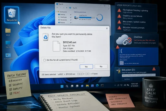 Windows 11 delete confirmation dialog over a system error dashboard with OneDrive and BitLocker warnings. Windows 11 delete confirmation dialog over a system error dashboard with OneDrive and BitLocker warnings.